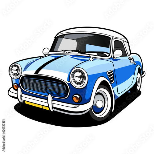 Blue car in cartoon style on white background