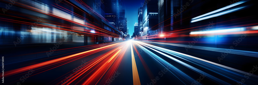 Long exposure dynamic speed light trails on street banner, Abstract speed light trails in urban traffic at night background