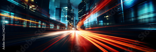 Long exposure dynamic speed light trails on street banner  Abstract speed light trails in urban traffic at night background