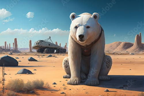 Polar bear sitting in baren desert. Futuristic concept. photo