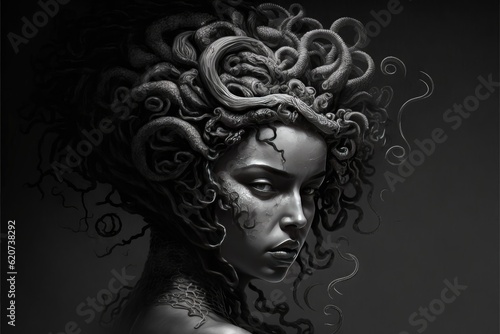 Portrait of Medusa turning head. Close up. Head shot.
