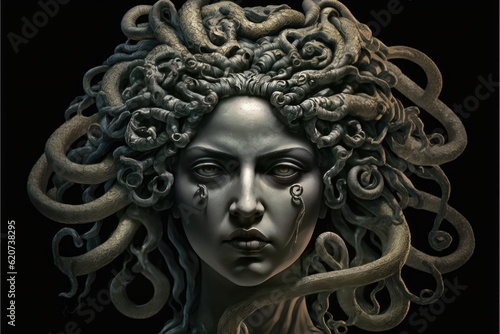 Stone statue of Medusa on isolated background. Close up.