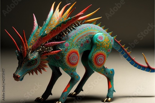 Dragon-like mythical create sculpture. Mexican folk art alebrije.