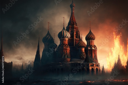 Saint Basil's Cathedral in Moscow with fire and dark cloudy sky