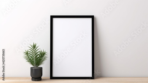 An empty picture frame next to a potted plant