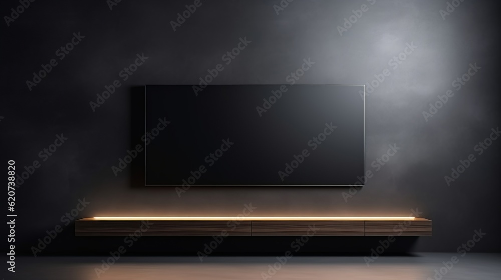 A modern television mounted on a dark room wall A modern television mounted on a dark room wall