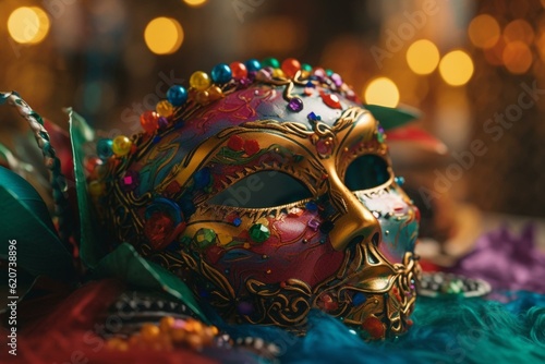 Colorful decorative mask with Brazilian and Venetian carnival style, adorned with beads and set against a Mardi Gras background. Generative AI