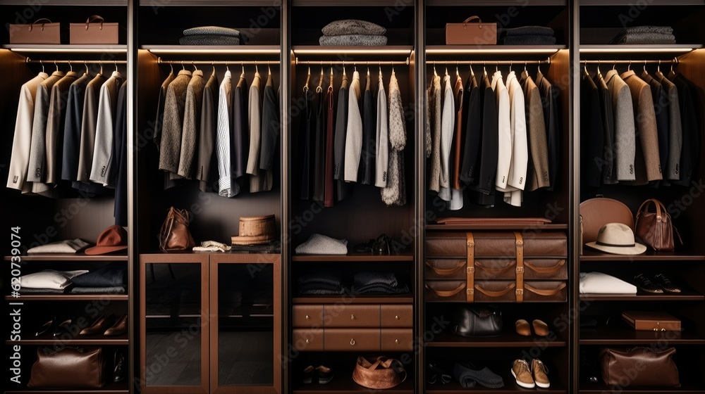 a photo of a interior of a luxury male wardrobe full of expensive suits, shoes and other clothes. boutique shop. Generative AI a photo of a interior of a luxury male wardrobe full of expensive suits, shoes and other clothes. boutique shop. Generative AI