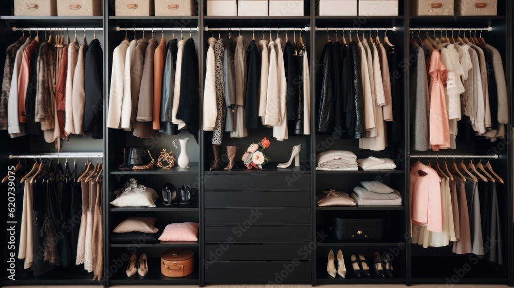 a photo of a interior of a luxury female wardrobe full of expensive dresses, shoes and other clothes. boutique shop. Generative AI