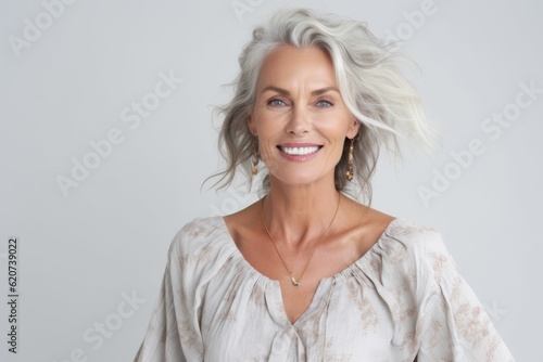 Tela Portrait of beautiful mature woman smiling and looking at camera against white b