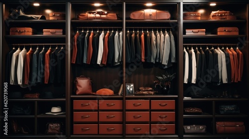 a photo of a interior of a luxury male wardrobe full of expensive suits, shoes and other clothes. boutique shop. Generative AI