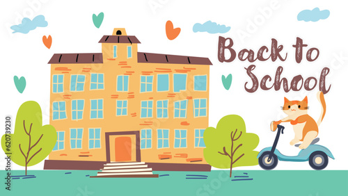 Back to School Education Illustration with Building and lettering outdoor scene car and school bus.