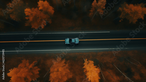 A arial shot of a car driving in the nature during autum