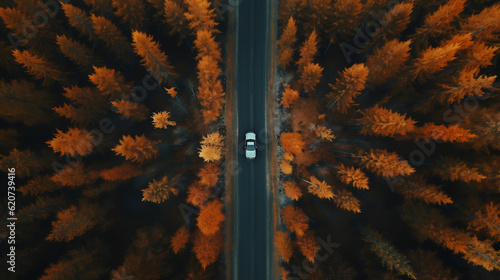 A arial shot of a car driving in the nature during autum