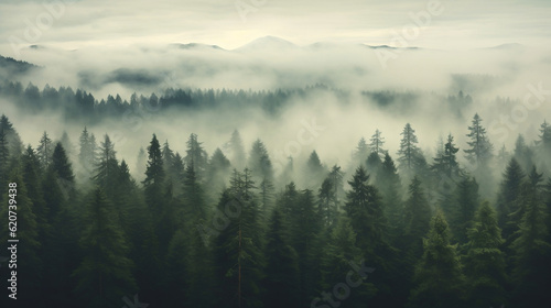 Fog hanging over a forest of trees