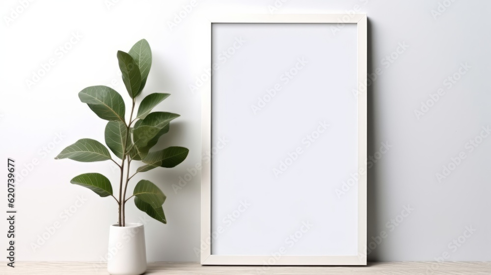 A white picture frame next to a potted plant A white picture frame next to a potted plant