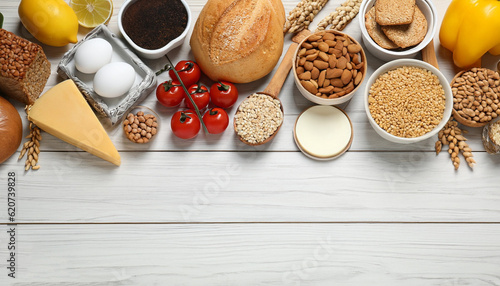 Canvas Print Different gluten free products on white wooden table, flat lay