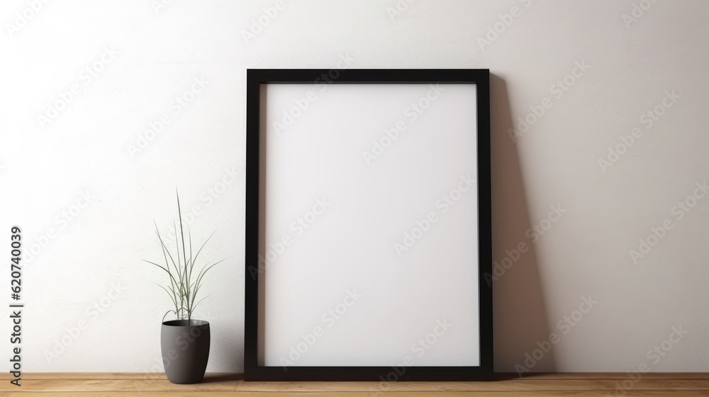 An empty picture frame and a potted plant on a wall An empty picture frame and a potted plant on a wall