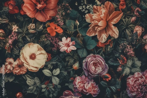 Beautiful vintage wallpaper with botanical flowers, perfect for digital floral prints. Generative AI
