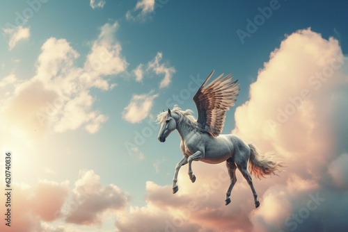Enchanting unicorn flies in stunning sky with rainbow and soft clouds. Imaginary realm. Generative AI