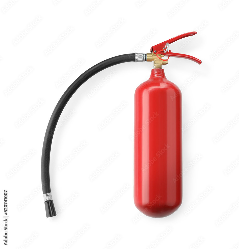 One red fire extinguisher on white background One red fire extinguisher on white background