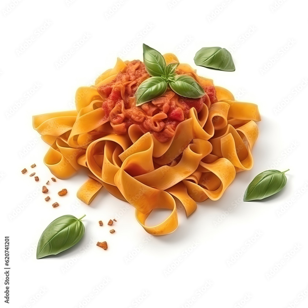 Pasta fettuccine bolognese with tomato sauce on the white background.