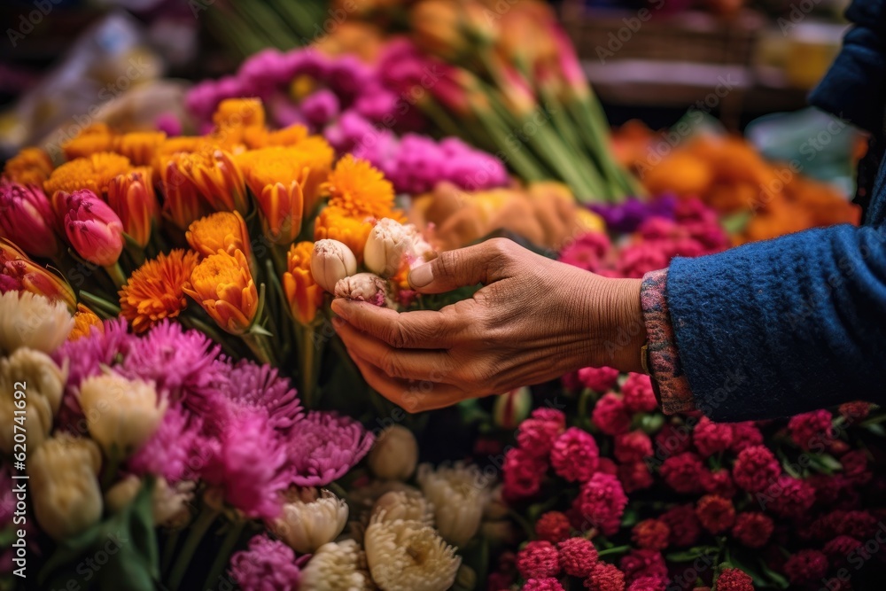 A flower vendor arranges a vibrant bouquet, surrounded by an array of colorful blooms. Generative AI