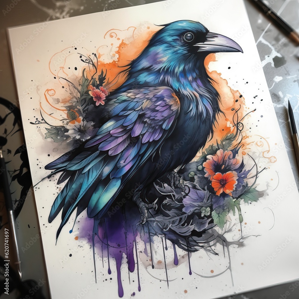 Fototapeta premium Full color paiting design of a raven. Watercolor style. Generative AI