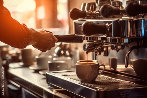 A barista prepares a cappuccino, with steam from the espresso machine enveloping him. Generative AI