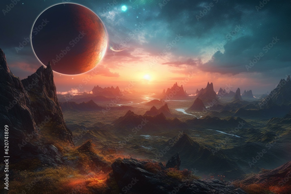 A colorful sky illuminates a fantastical landscape with a massive planet. Generative AI