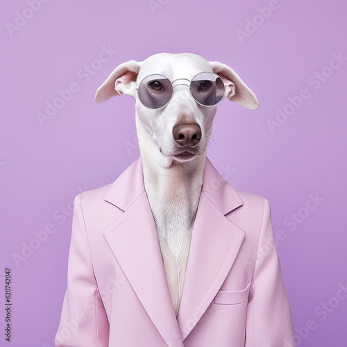 Fashion dog in suit. Purple monochrome portrait © lermont51