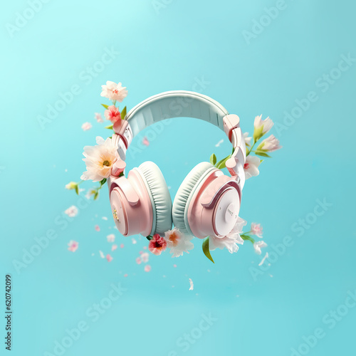 Headphones and flowers levitating. Music, flowers, spring background. Creative spring or music minimal arrangement. Ai generative. Illustration