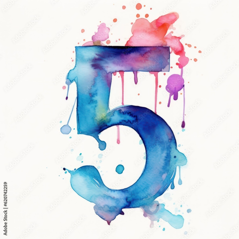Watercolor Colorful Numbers Illustration. Number Five 5. Isolated on ...