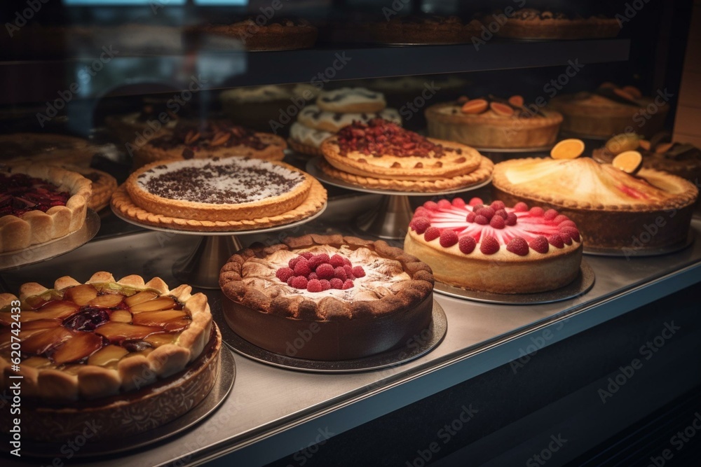 Assorted cakes and pies showcased in a bakery display. Generative AI