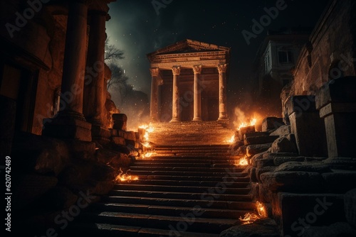 A fiery night scene with ancient columns and stairs. Generative AI