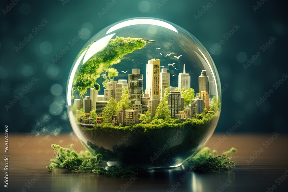 Urban oasis, nature and city in a glass bowl, tiny environment, sustainability, urban planning, city planning, future city, climate change, urbanization, renewable energy, clean energy. Generative AI Urban oasis, nature and city in a glass bowl, tiny environment, sustainability, urban planning, city planning, future city, climate change, urbanization, renewable energy, clean energy. Generative AI