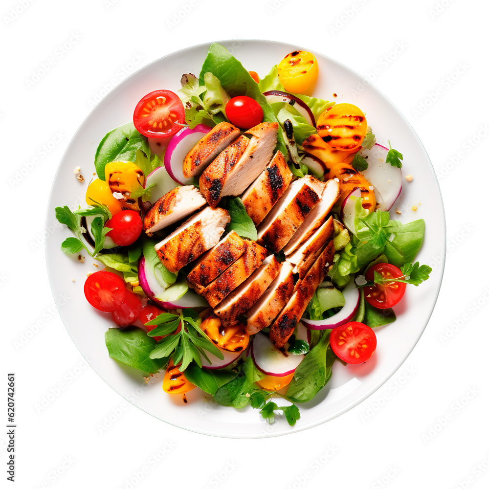Healthy salad with grilled chicken breast on white transparent background
