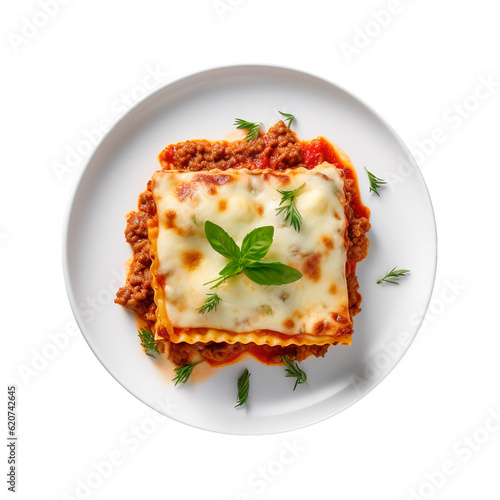 Top view of delicious Italian lasagna on white transparent background