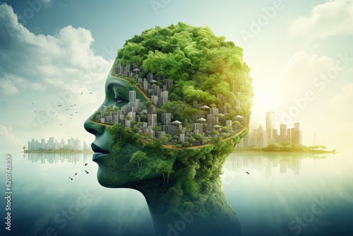 Double exposure of person thinking about green city, sustainability, urban planning, city planning, climate change, urbanization, renewable energy, green energy, carbon footprint. Generative AI