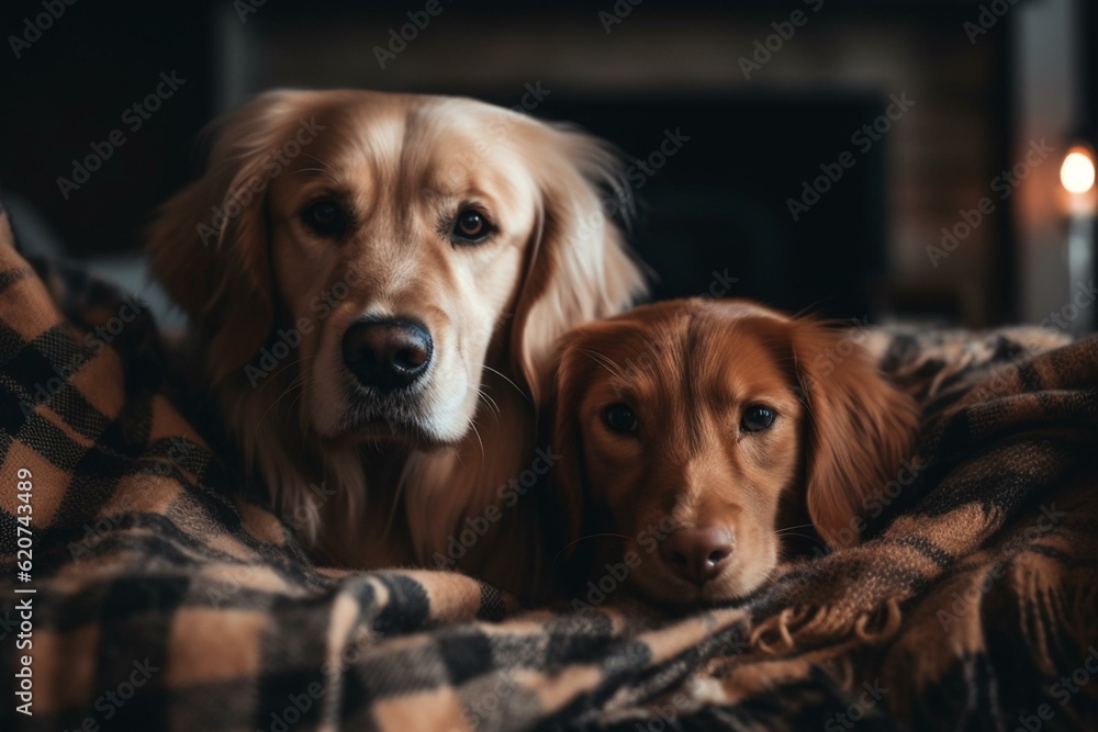 A joyful young golden retriever and adorable mixed tabby cuddle beneath a cozy plaid to keep warm in winter. Friendship and pet care. Generative AI