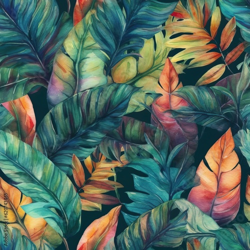 Wallpaper Mural Seamless pattern. Watercolor green, orange leaves.  Tree leaf and branch. Generative AI Torontodigital.ca