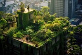 In the heart of a city, a rooftop garden thrives, offering a green oasis amidst the concrete structures. Generative AI