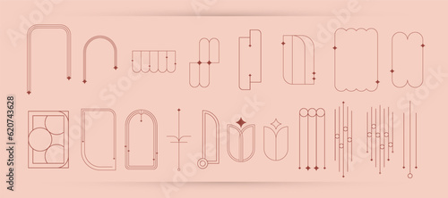 Aesthetic line boho wall decor elements. Modern minimalist decorative frame with stars.