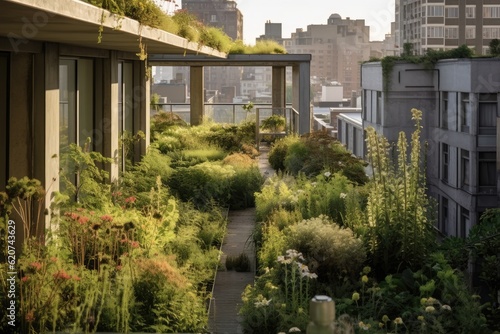 In the heart of a city, a rooftop garden thrives, offering a green oasis amidst the concrete structures. Generative AI