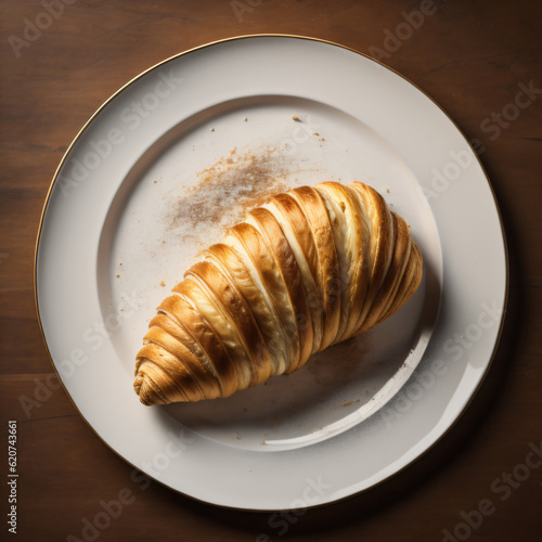 An exquisite French croissant, showcasing its flaky, buttery layers and golden exterior, served on a pristine plate