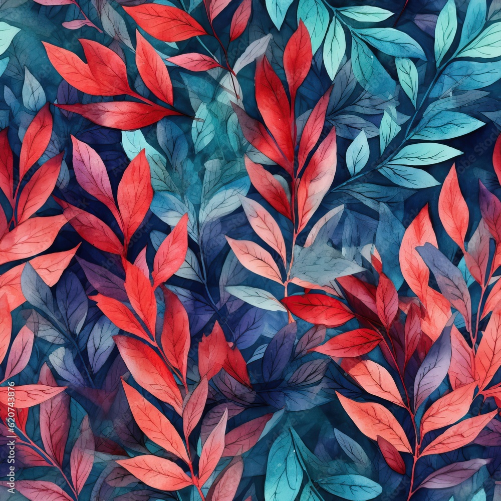 Seamless pattern with plant leaves in abstract background. Seamless  pattern with red, pink and blue leaves in Watercolor style with simple shapes for packaging or textile print. Generative AI