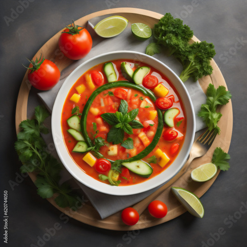 Garden fresh gazpacho, featuring a chilled soup made with ripe tomatoes, cucumbers, bell peppers, onions, and herbs, garnished with a drizzle of olive oil