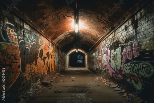 A graffiti-covered brick tunnel leading to light. Generative AI