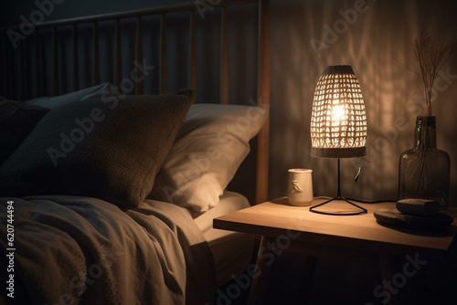 Scandinavian bedside lamp lighting up bedroom at night. Generative AI