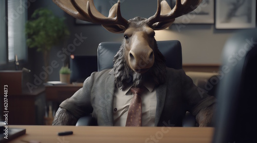 moose wearing formal business suit like a boss in the office: corporate Excellence Personified! Business concept, CEO, accountant, lawyer, writer, teacher, guru, executive. generative ai